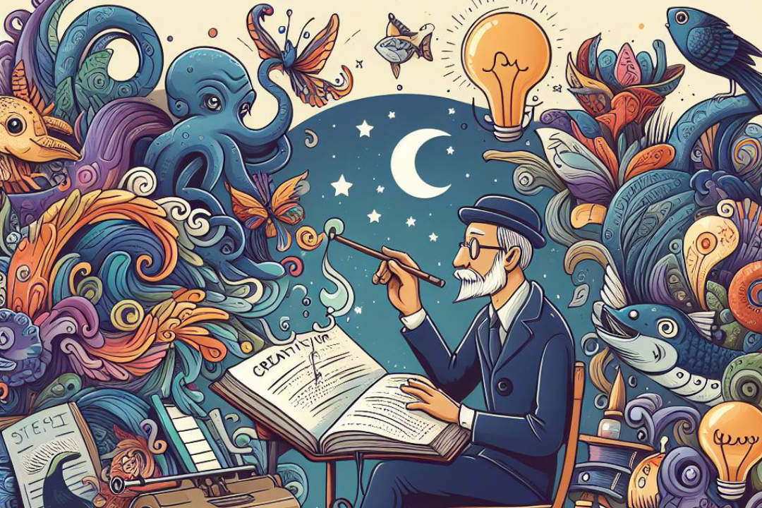 Ein KI generiertes Bild, es ist eine Illustrationen, die einen alten Mann mit Brille und Hut von der Seite zeigt, er schreibt mit einem Zauberstab in ein offenes Buch, um ihn herum sind Ornamente, Fabelwesen, Bücher und Glühbirnen zu sehen.