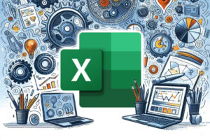 Excel-Illustration mit Tabellen und Zahnrädern, KI generiert