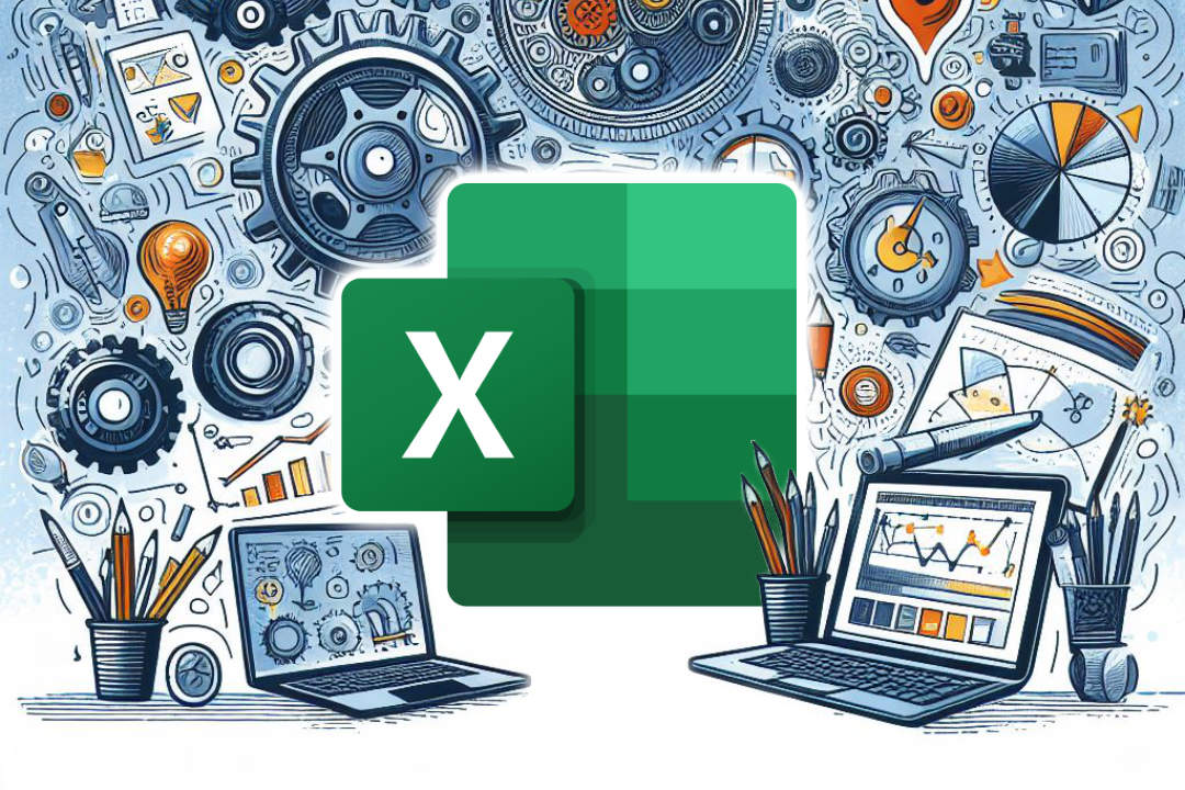 Excel-Illustration mit Tabellen und Zahnrädern, KI generiert