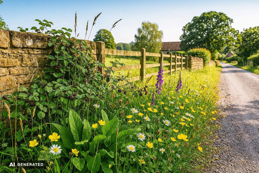 Blumen und Sträucher am Wegesrand. KI generiertes Bild