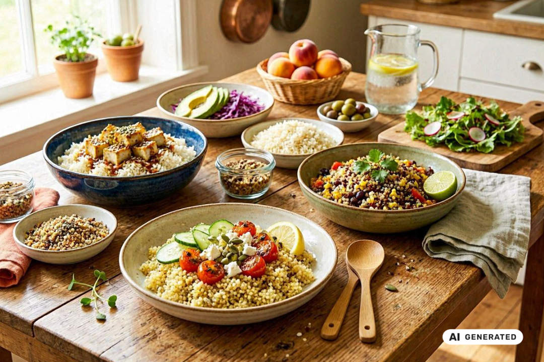 Verschiedene Gerichte und Bowls mit vegetarischen Zutaten auf einem Küchentisch